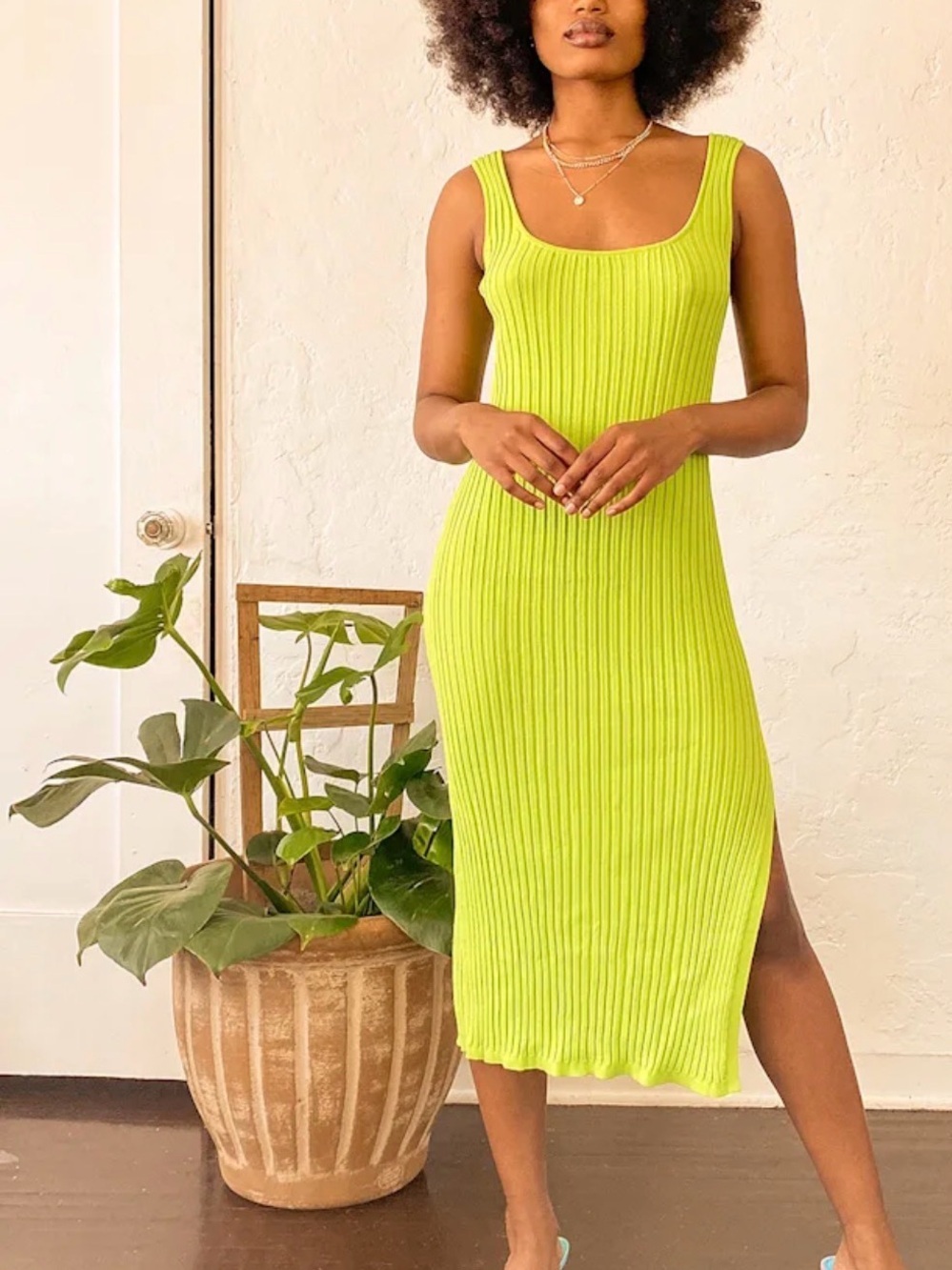 Line & Dot Lime Ribbed Bodycon Midi Dress